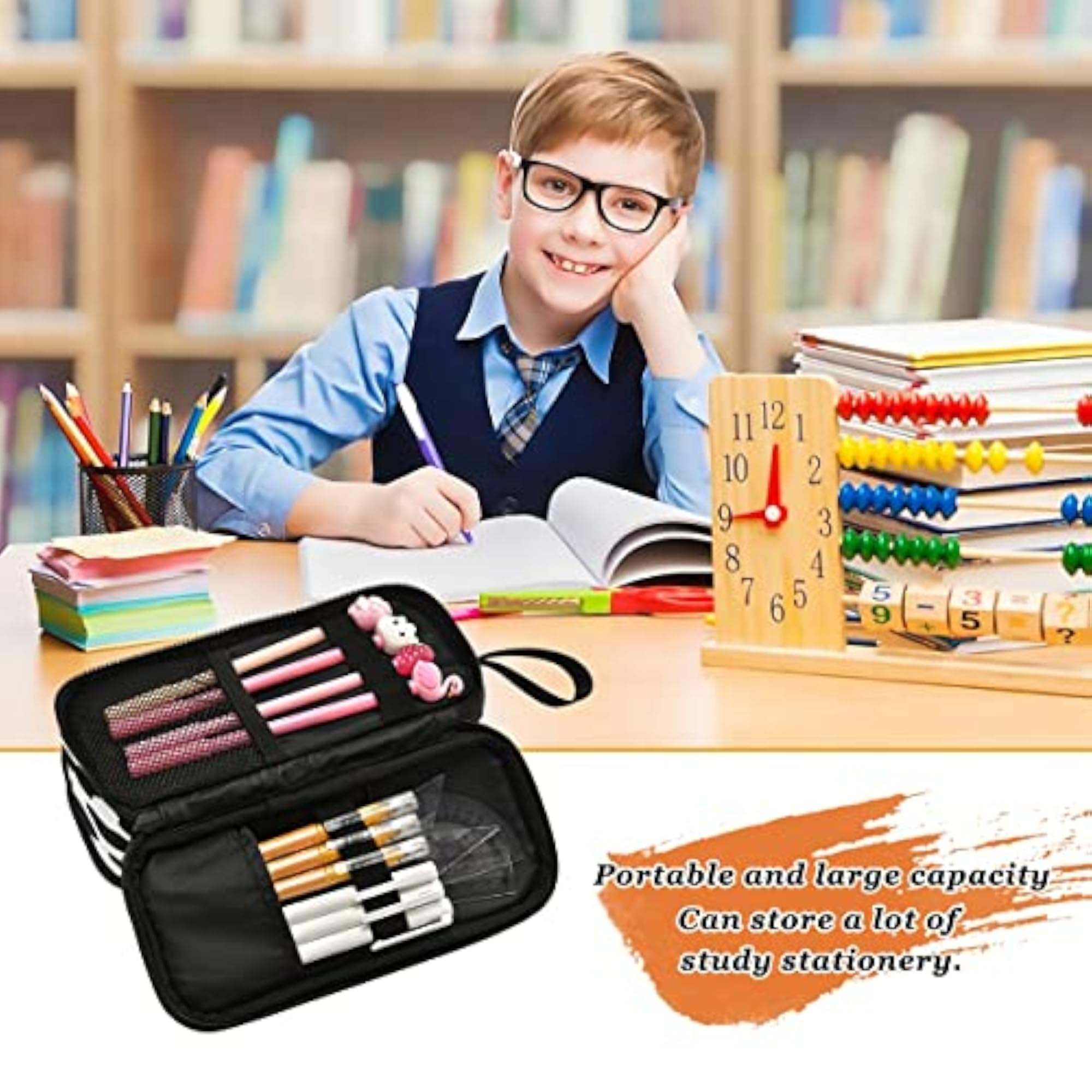 Big Capacity Black and White Cow Print Pencil Case, 3 Compartment